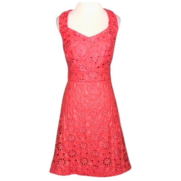 Anthropologie MAEVE Dress sz 2 Coral shimmer Flower Eyelet knee Length v neck - Picture 1 of 5